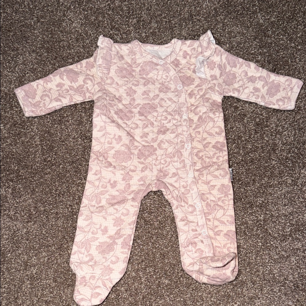 Badgley Mischka Purple Floral Quilted Snap
One Piece Ruffle Footed Suit